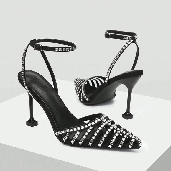 Black Glamorous Women's Rhinestone Buckle High Heel Shoes - Picture 4 of 6